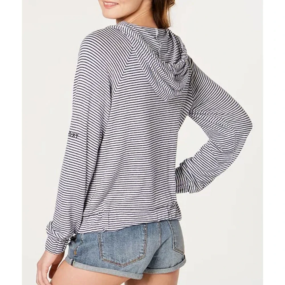 Roxy Kids XL 14 Striped Hoodie Zip Up Sweatshirt Navy Blue White‎